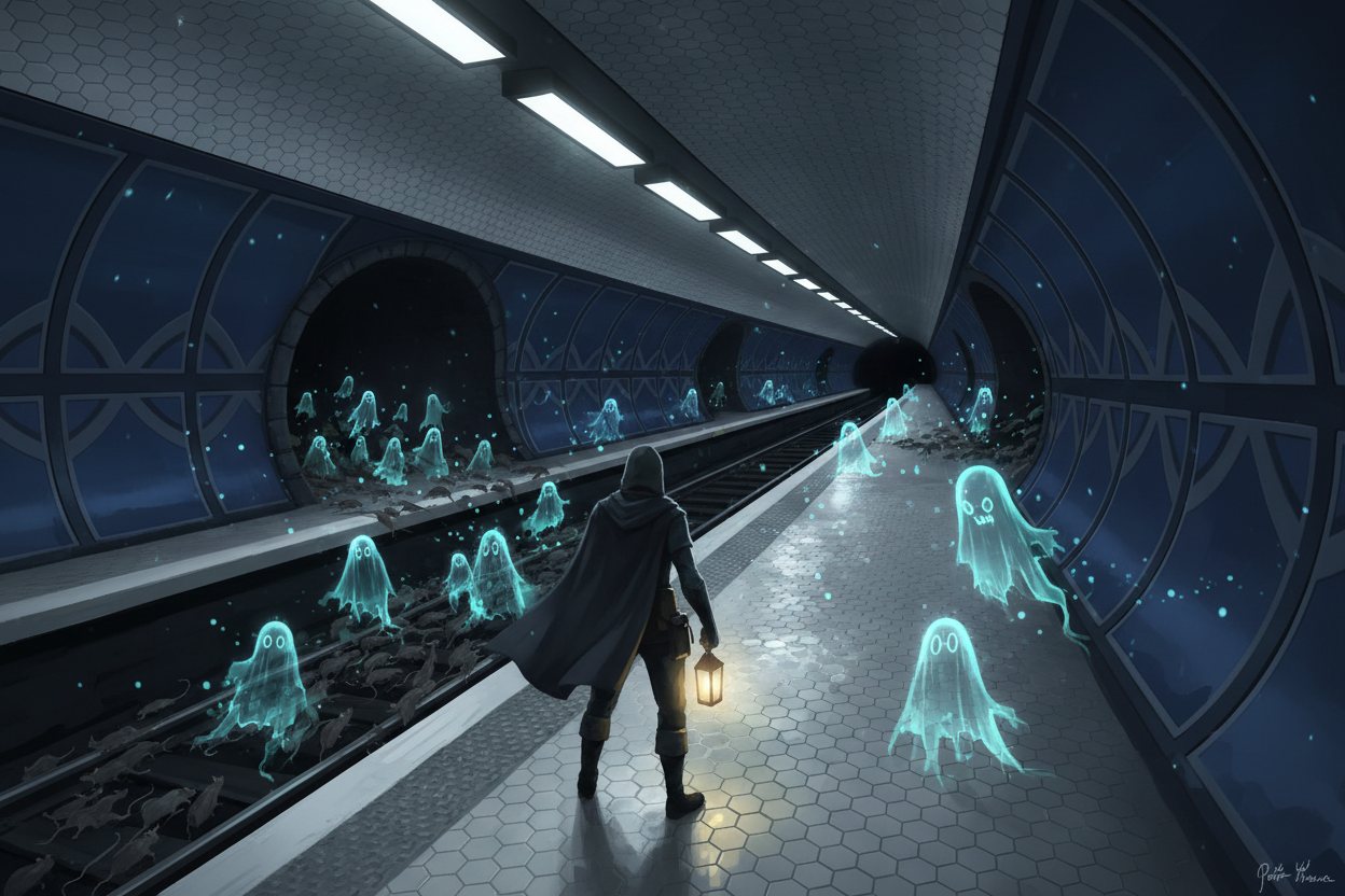 A hooded survivor with a lantern on a white-tiled Paris metro platform at night, green ghosts and rats pouring from the tunnels